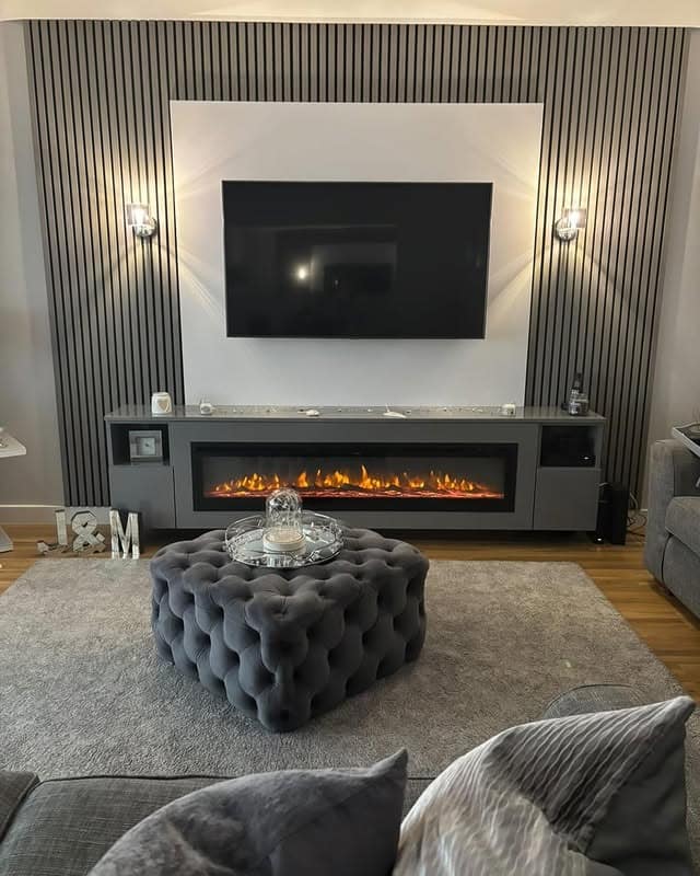 14. Grey and White Living Room with Slatted Feature Wall - grey and white living room ideas