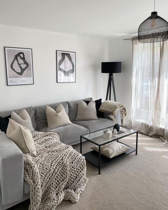 20. Soft Grey and White Living Room with Layered Textures - grey and white living room ideas