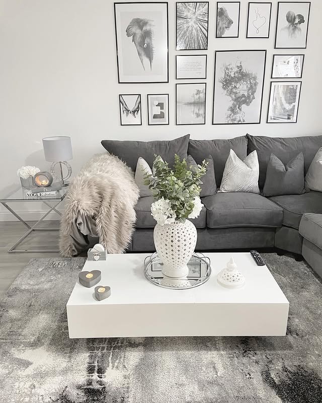 21. Grey and White Living Room with Statement Gallery Wall - grey and white living room ideas