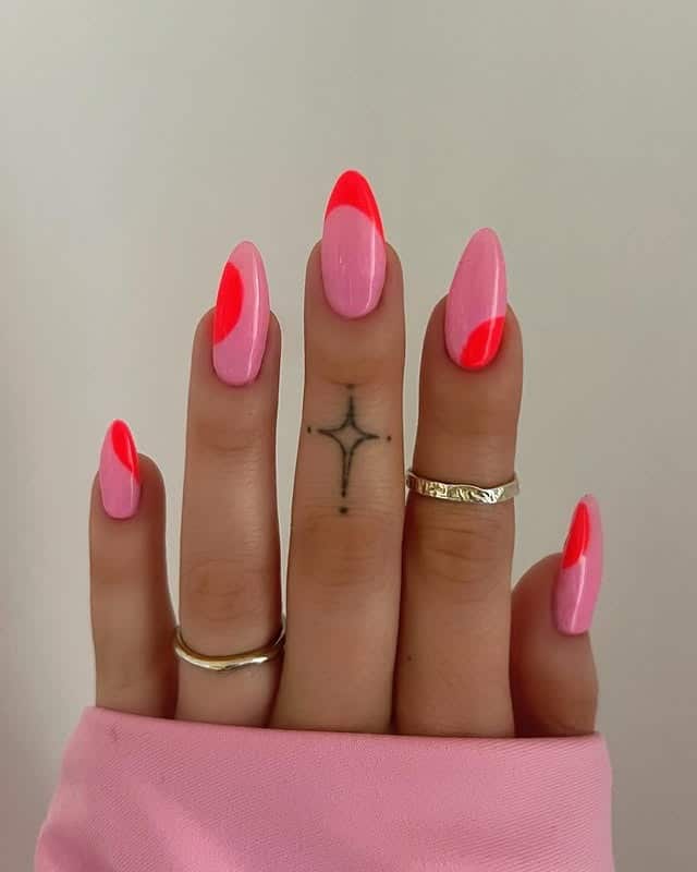 2. Pink and Neon Red Abstract Almond Nails - abstract nail ideas