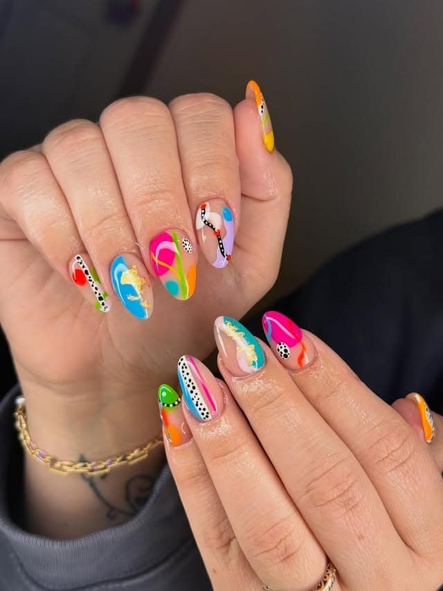 6. Colorful Mixed Abstract Almond Nails - abstract nail ideas