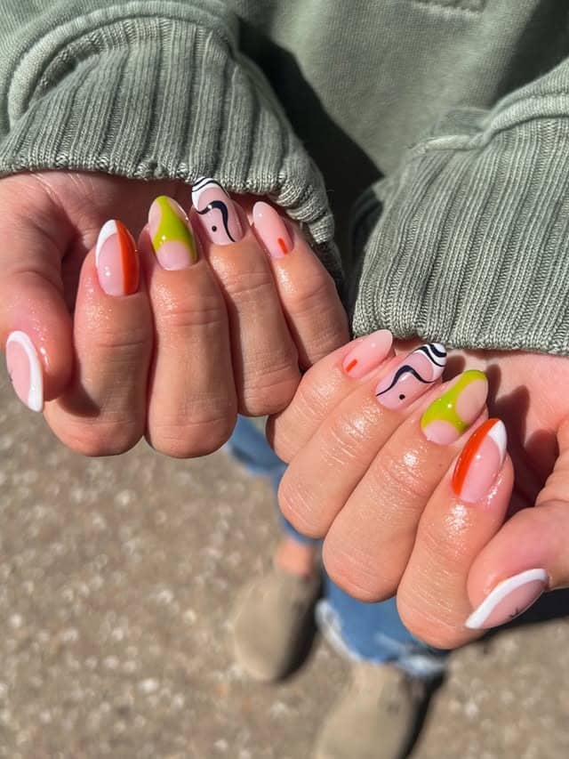 11. Orange and Lime Green Abstract Almond Nails - abstract nail ideas