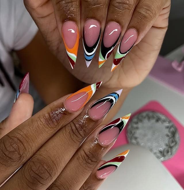 12. Multicolor Abstract Stiletto Nails - abstract nail ideas