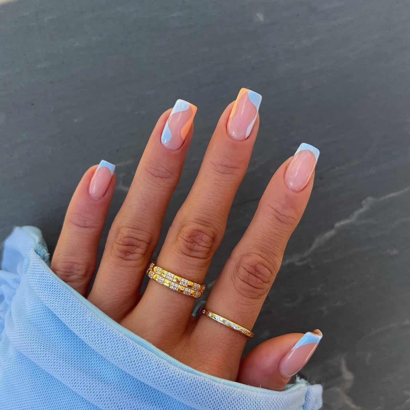 14. Baby Blue and Peach Abstract Square Nails - abstract nail ideas