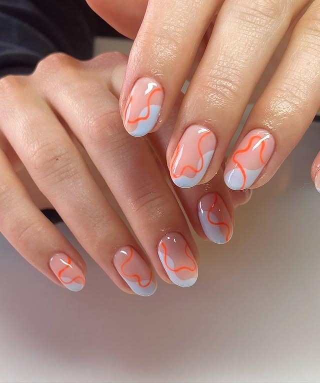 17. Sky Blue and Coral Abstract Short Nails - abstract nail ideas