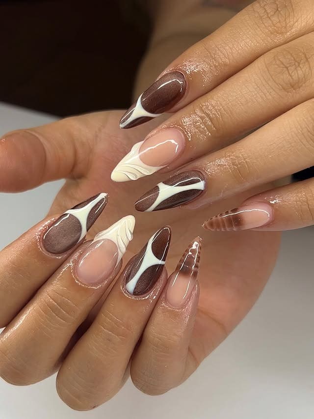20. Chocolate Brown and White Abstract Almond Nails - abstract nail ideas