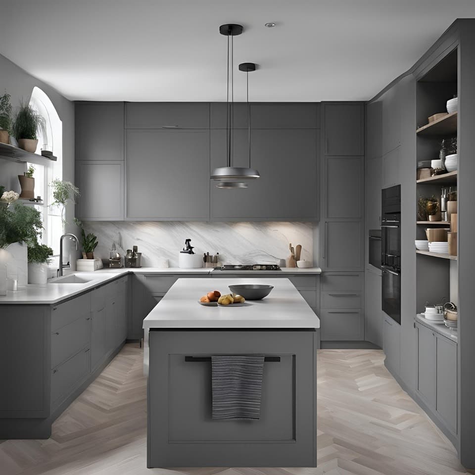 1. Charcoal Gray Kitchen Cabinets with Marble Island - gray kitchen cabinet ideas