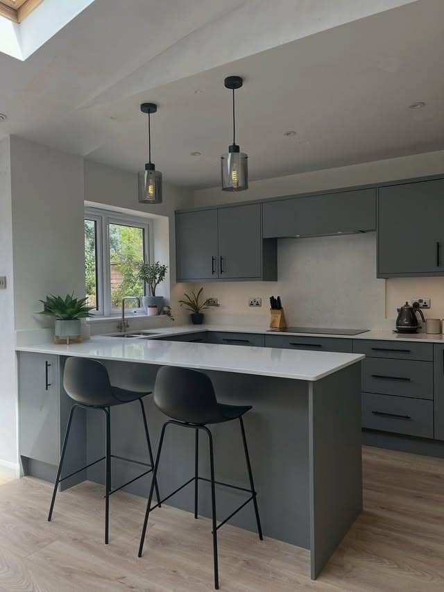 2. Modern Gray Kitchen Cabinets with Waterfall Peninsula - gray kitchen cabinet ideas