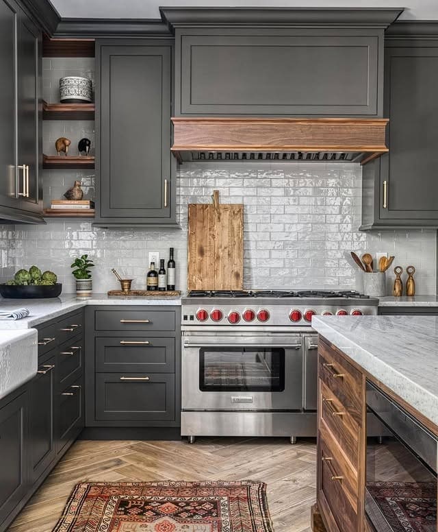 4. Dark Gray Kitchen Cabinets with Warm Wood Details - gray kitchen cabinet ideas