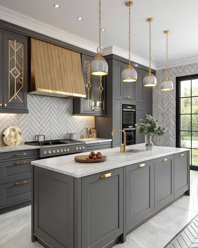 5. Elegant Gray Kitchen Cabinets with Gold Hardware - gray kitchen cabinet ideas