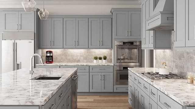10. Pale Gray Kitchen Cabinets with Marble Countertops - gray kitchen cabinet ideas