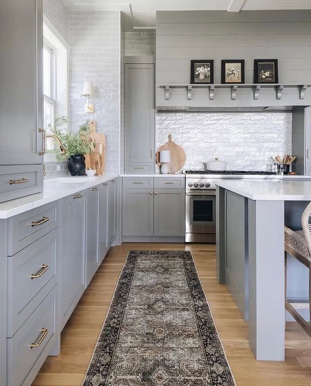 11. Soft Gray Kitchen Cabinets with Farmhouse Details - gray kitchen cabinet ideas