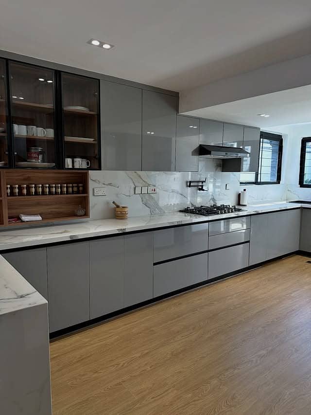 16. Contemporary Gray Slab Kitchen Cabinets - gray kitchen cabinet ideas