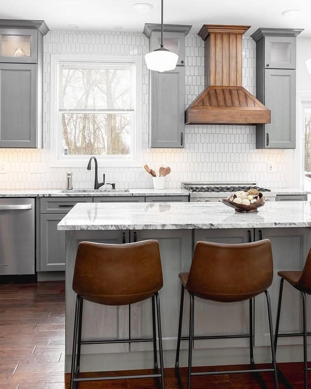 17. Gray Kitchen Cabinets with Natural Wood Range Hood - gray kitchen cabinet ideas