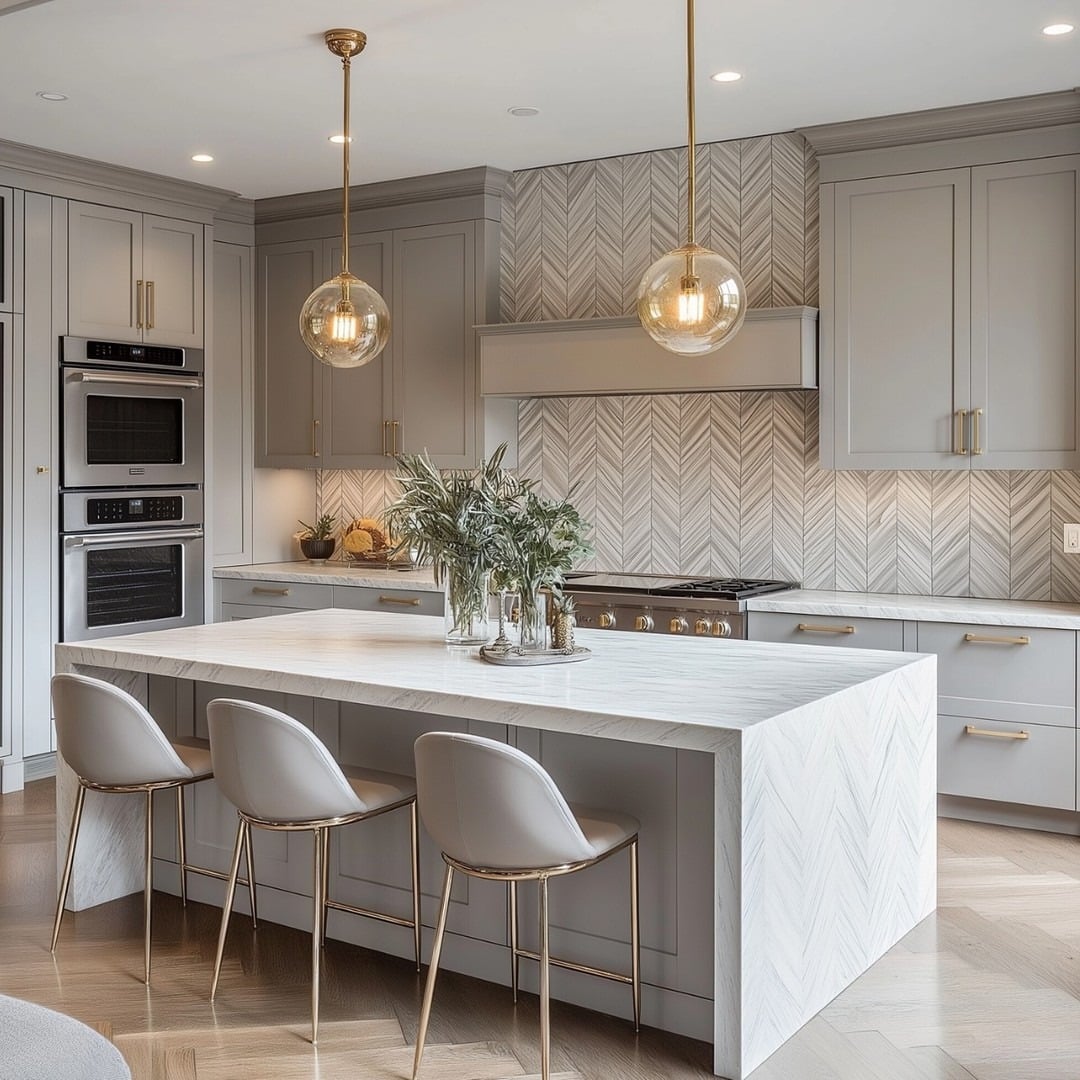 20. Elegant Gray Kitchen Cabinets with Herringbone Backsplash - gray kitchen cabinet ideas