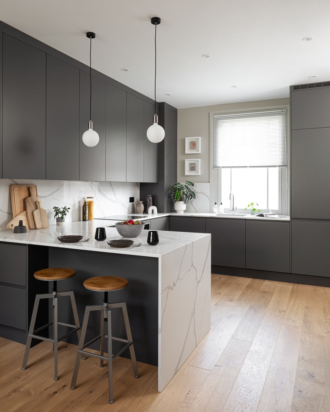 21. Modern Charcoal Gray Kitchen Cabinets with Waterfall Island - gray kitchen cabinet ideas
