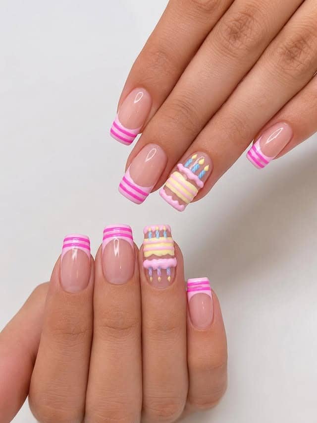3. Pink Birthday Cake French Tip Nails - birthday nail ideas
