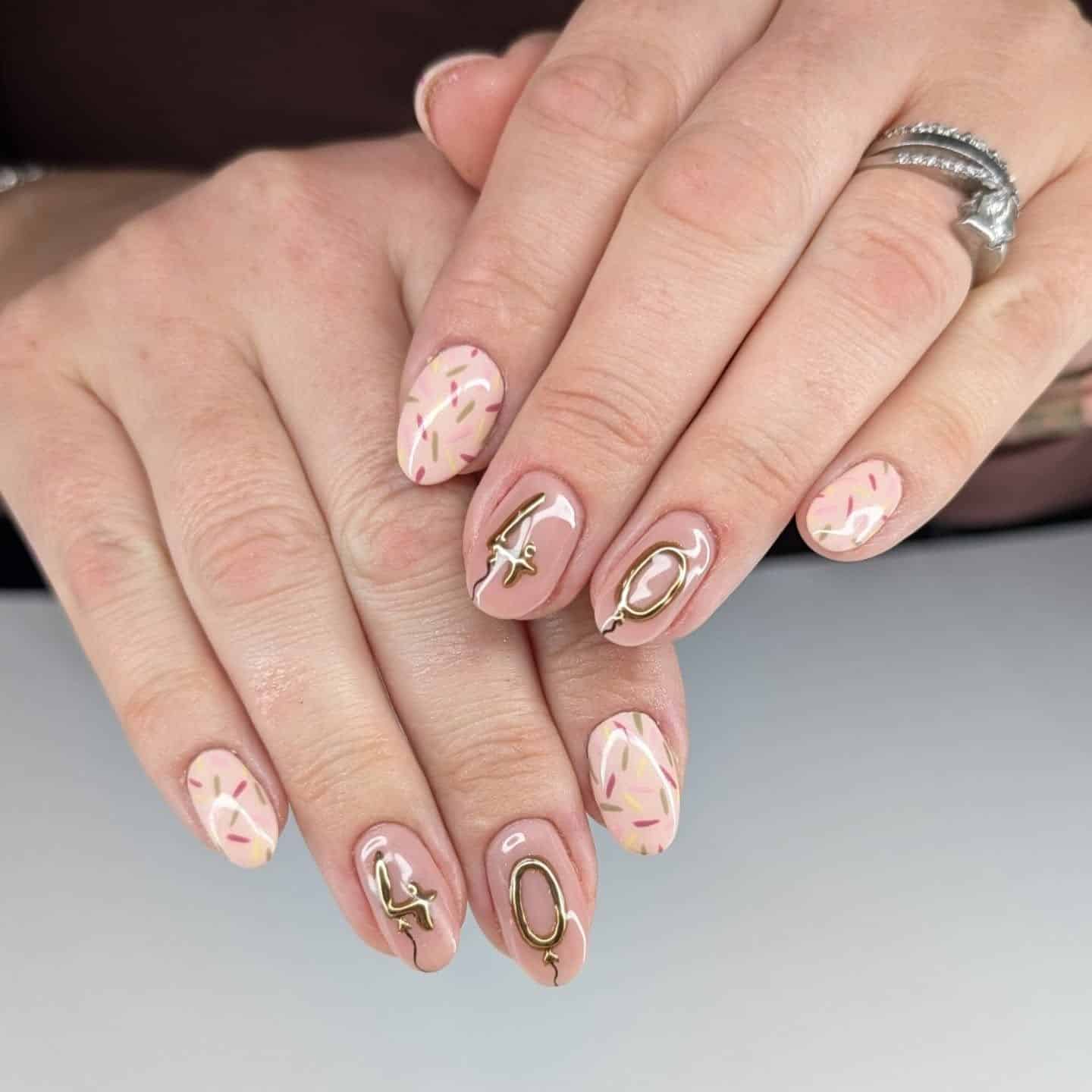 6. Nude Sprinkle Birthday Nails with Gold Balloon Art - birthday nail ideas