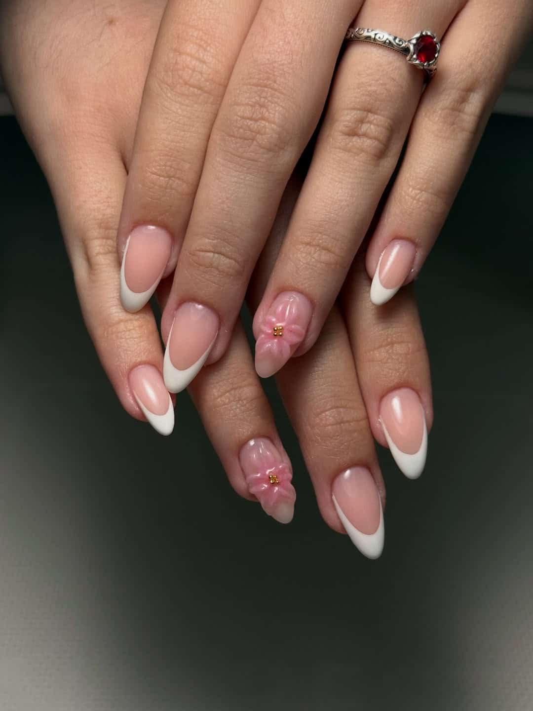 7. White French Almond Nails with 3D Pink Flower Accent - birthday nail ideas