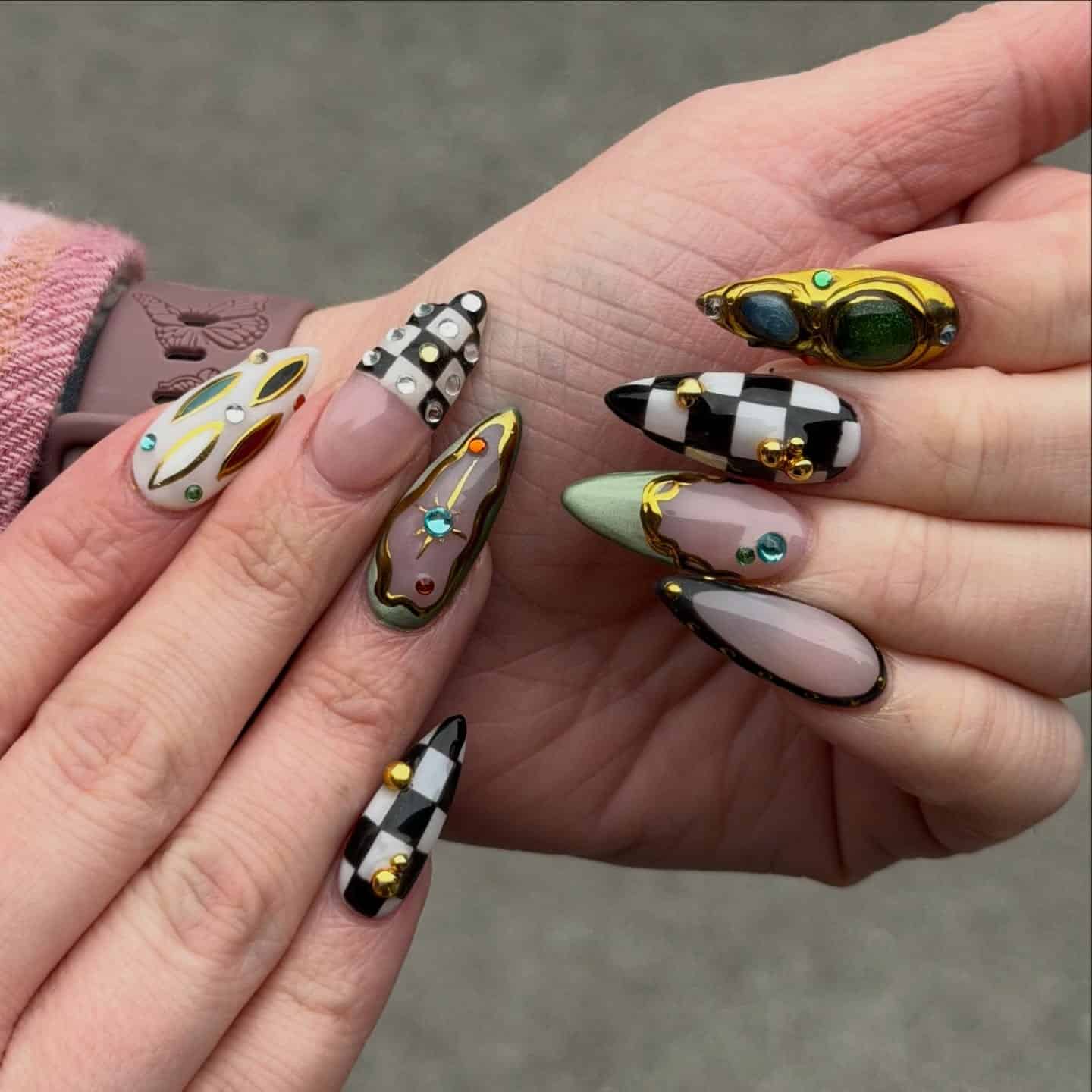 8. Abstract Chrome Checkerboard Statement Nails - birthday nail ideas