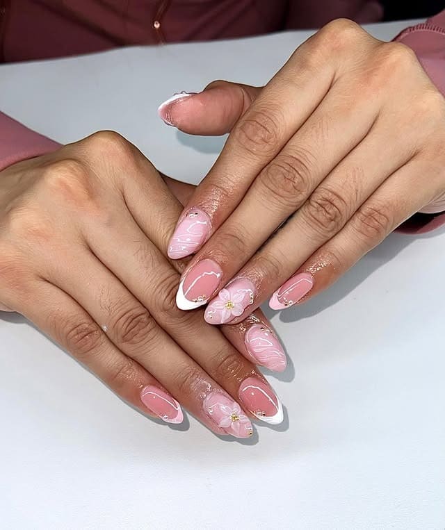 9. Pink Floral French Tip Birthday Nails - birthday nail ideas