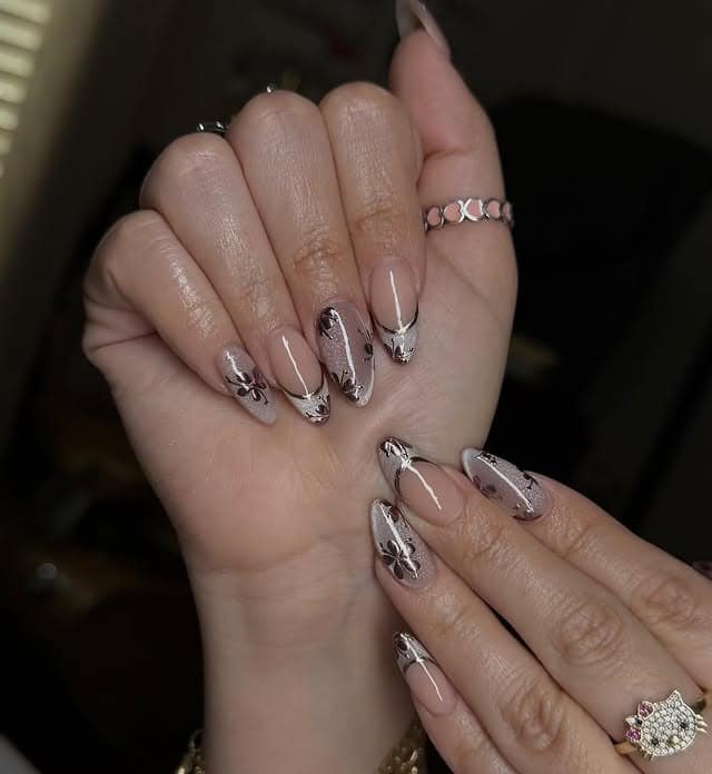 14. Nude Floral French Almond Nails in Brown and White - birthday nail ideas