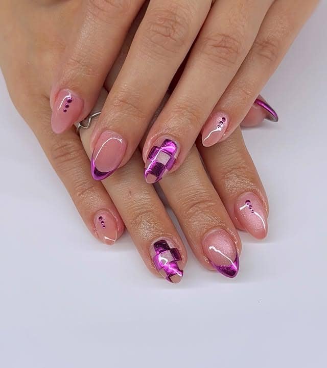 17. Metallic Pink Chrome French Almond Nails - birthday nail ideas