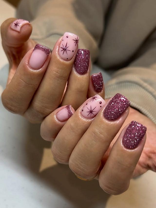 22. Dusty Rose Glitter Square Nails with Starburst Art - birthday nail ideas