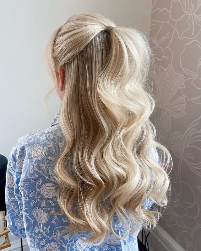 8. Half-Up Ponytail with Platinum Blonde Waves - Wavy Hairstyles