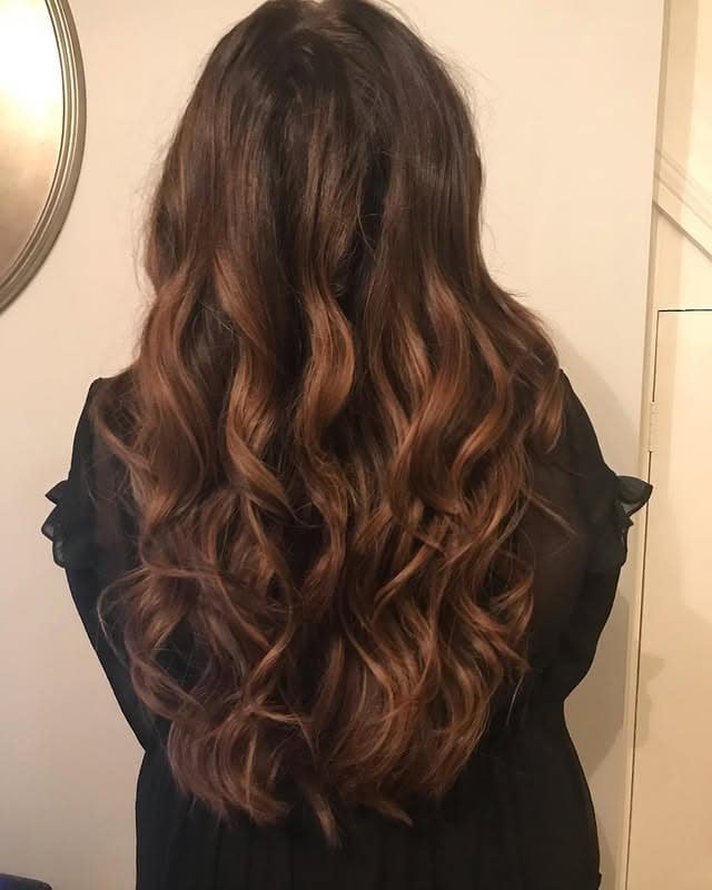 10. Long Wavy Layers with Cinnamon Brown Balayage - Wavy Hairstyles