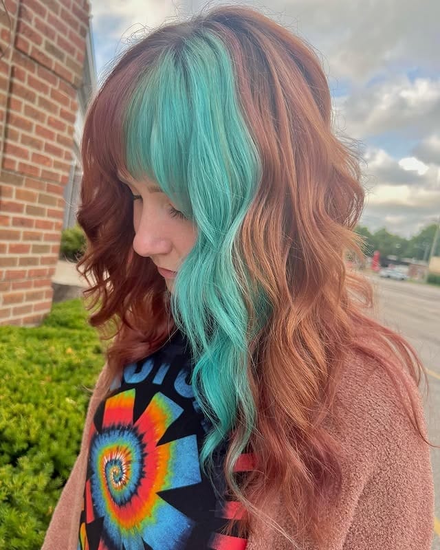 6. Copper and Aqua Split-Dye 70s Shag - 70S Hairstyles