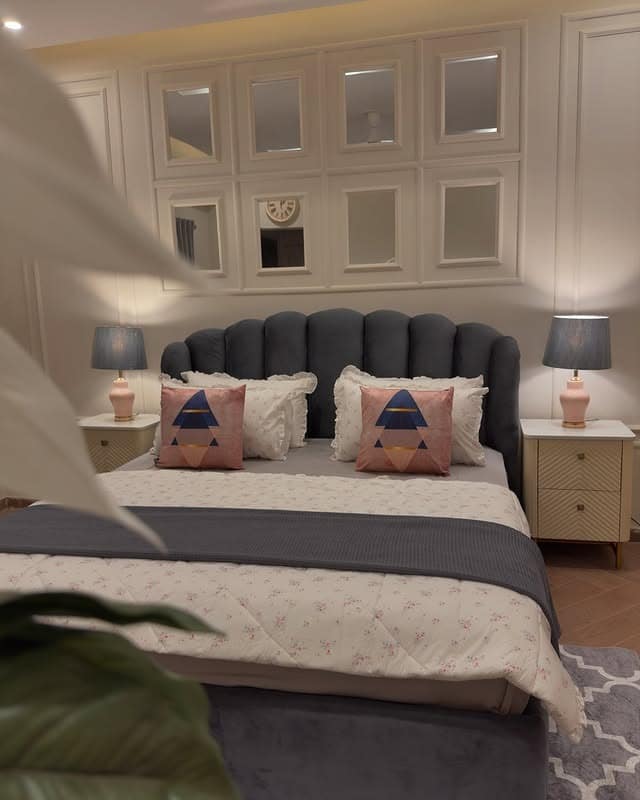 1. Grey and Pink Bedroom Ideas with Scalloped Velvet Headboard - grey and pink bedroom ideas