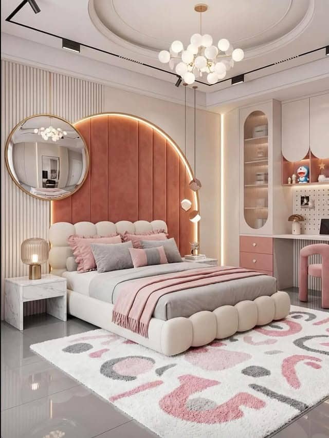 2. Grey and Pink Bedroom Ideas with Statement Arch Wall - grey and pink bedroom ideas