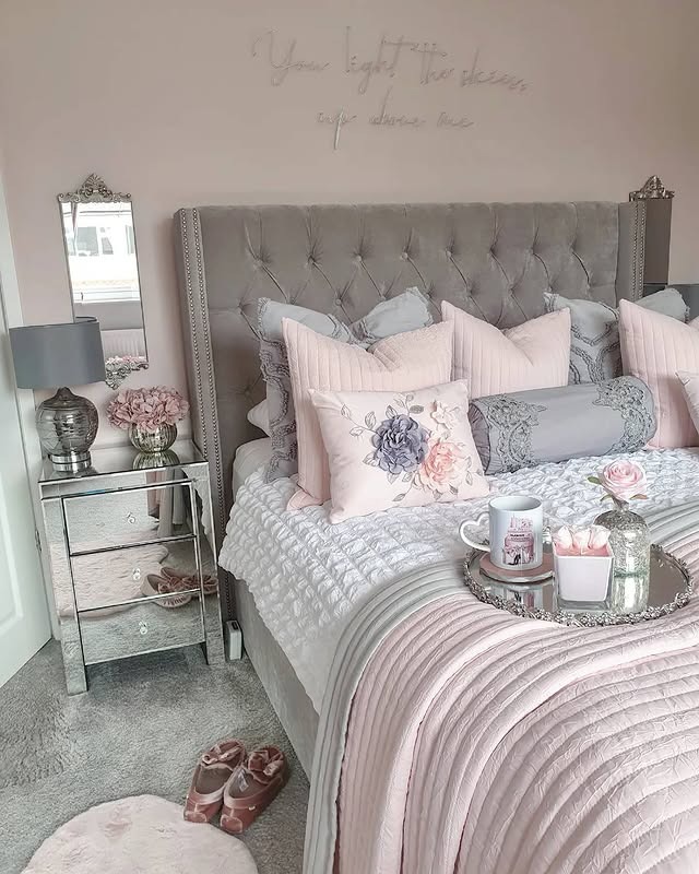 3. Grey and Pink Bedroom Ideas with Tufted Glam Style - grey and pink bedroom ideas