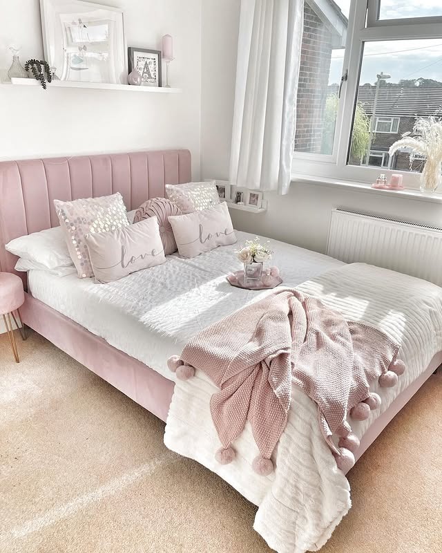 7. Grey and Pink Bedroom Ideas with Blush Upholstered Bed - grey and pink bedroom ideas