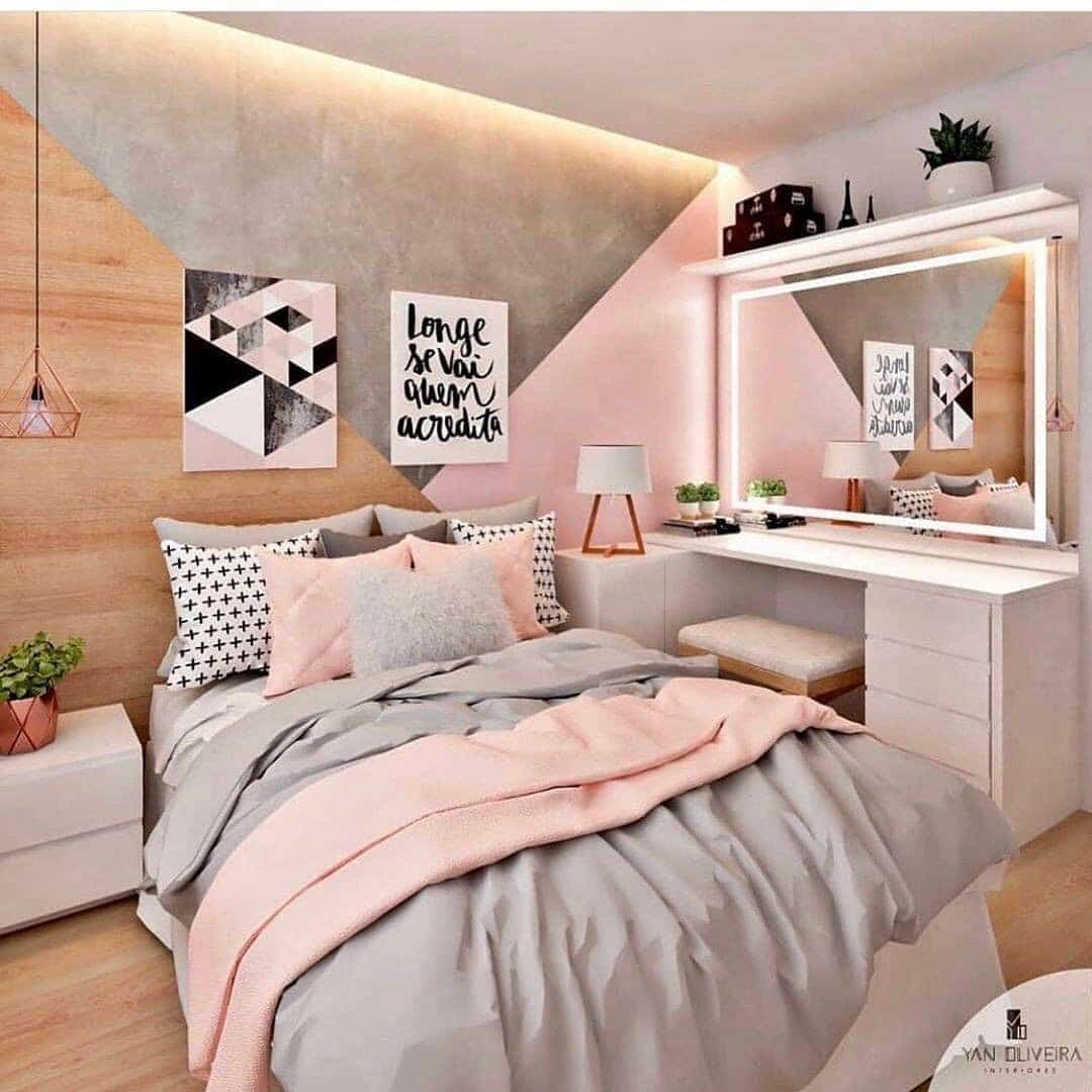 8. Grey and Pink Bedroom Ideas with Geometric Feature Wall - grey and pink bedroom ideas