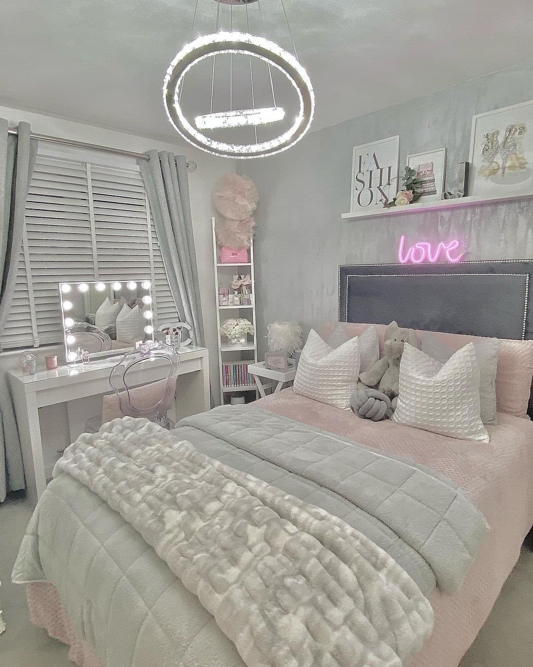 10. Grey and Pink Bedroom Ideas with Chic Vanity Corner - grey and pink bedroom ideas