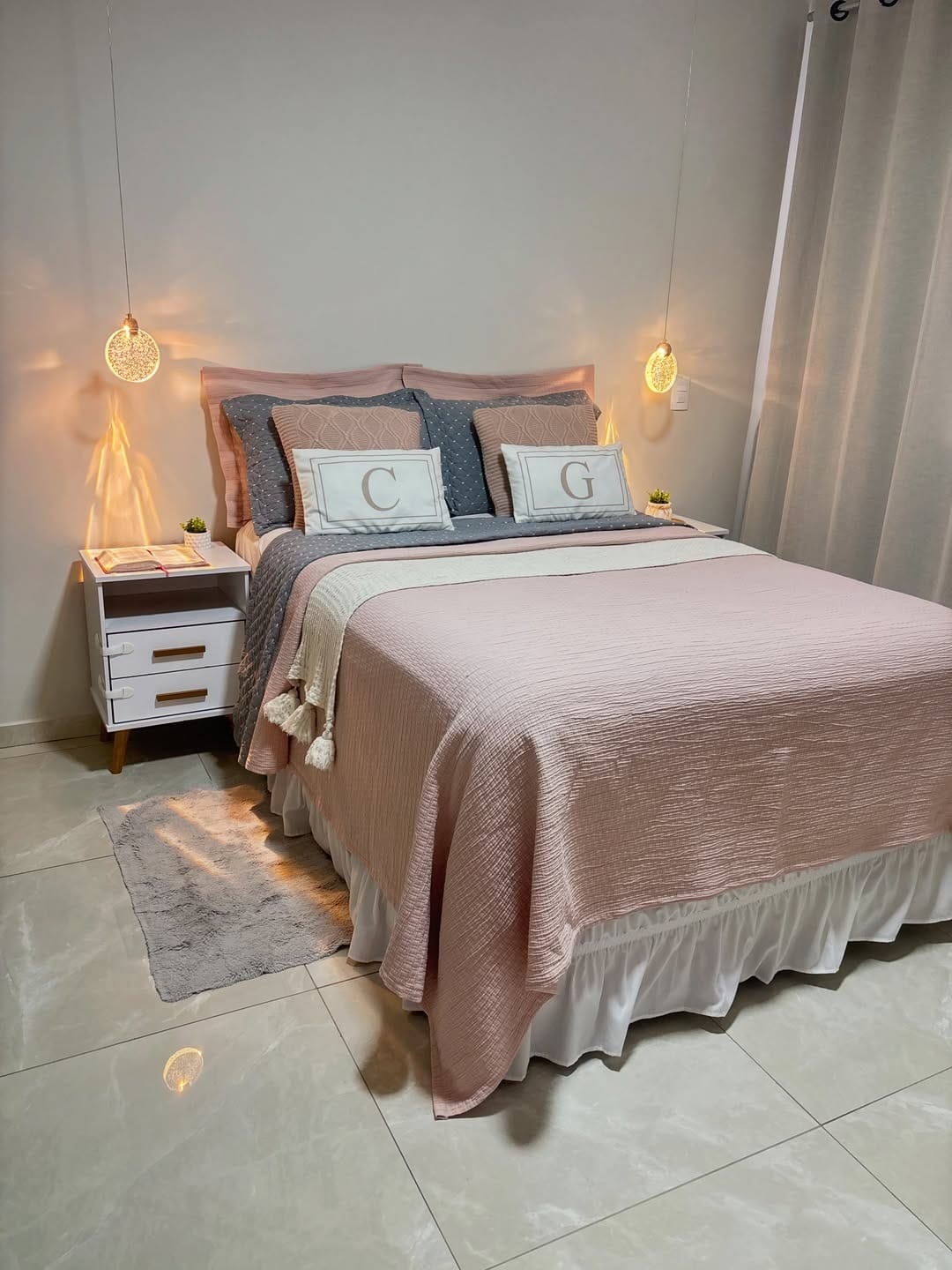 11. Grey and Pink Bedroom Ideas with Pendant Lighting - grey and pink bedroom ideas
