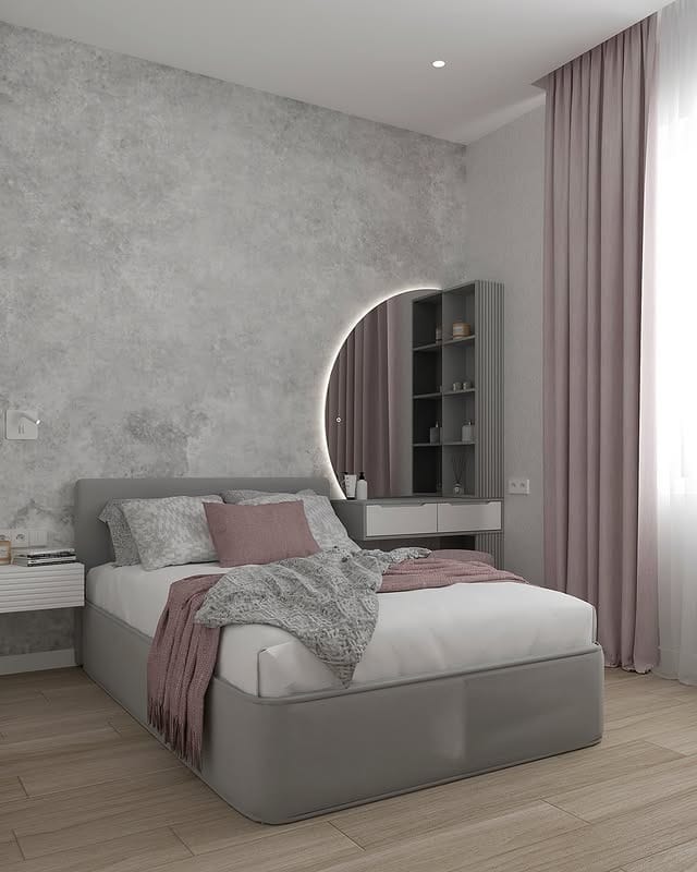 12. Grey and Pink Bedroom Ideas with Minimalist Vanity - grey and pink bedroom ideas