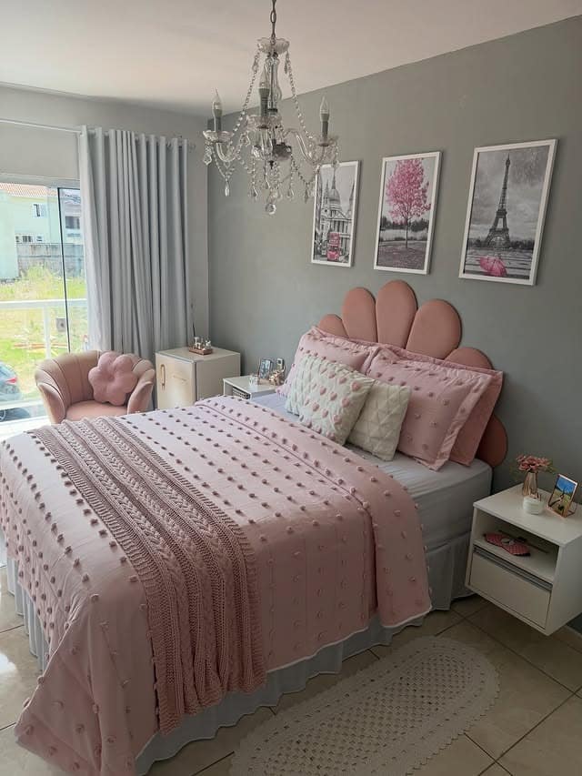 16. Grey and Pink Bedroom Ideas with Scalloped Headboard - grey and pink bedroom ideas