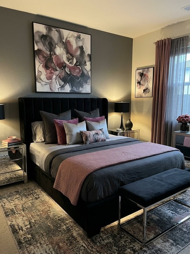 17. Grey and Pink Bedroom Ideas with Moody Charcoal Accents - grey and pink bedroom ideas