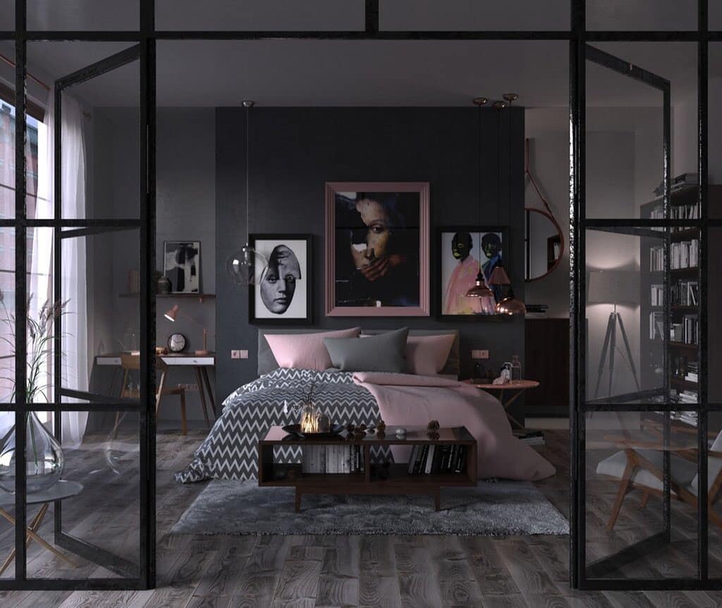 18. Grey and Pink Bedroom Ideas with Contemporary Dark Style - grey and pink bedroom ideas