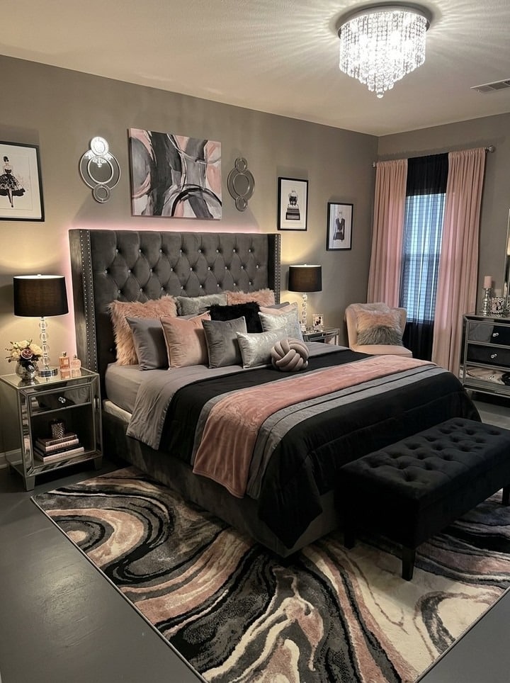 19. Grey and Pink Bedroom Ideas with Glam Tufted Headboard - grey and pink bedroom ideas