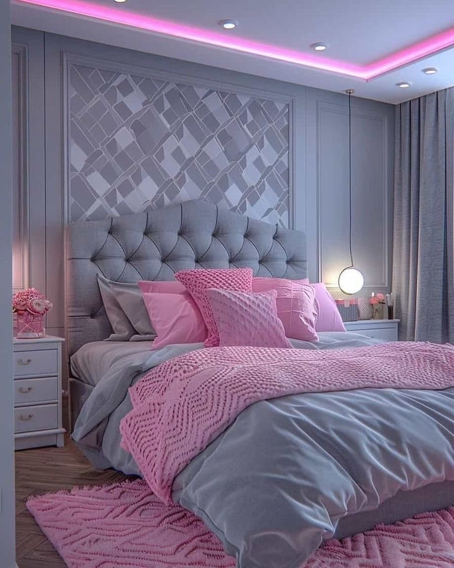 20. Grey and Pink Bedroom Ideas with LED Accent Lighting - grey and pink bedroom ideas