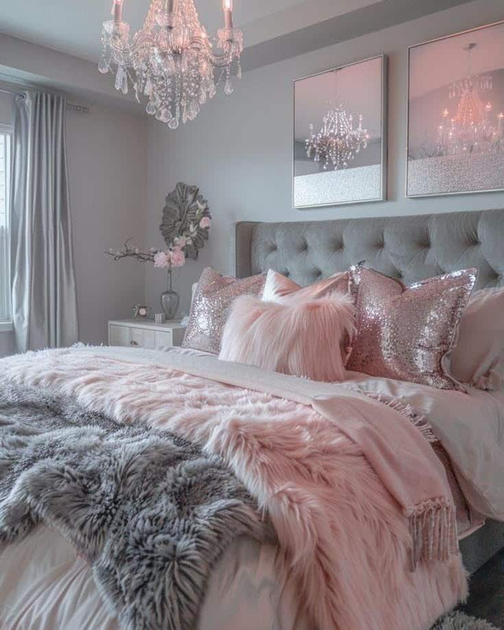 22. Grey and Pink Bedroom Ideas with Glam Crystal Accents - grey and pink bedroom ideas