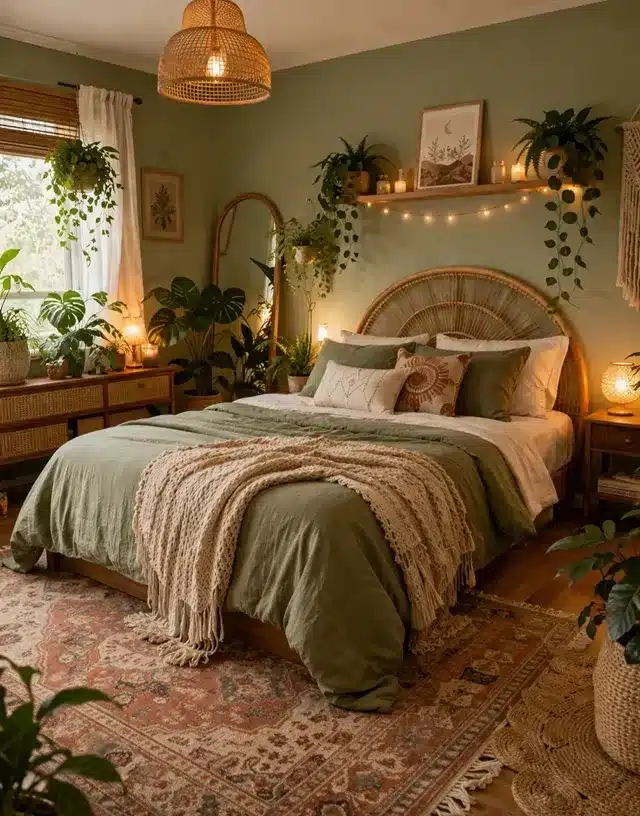 6. Sage Green Bedroom Ideas with Plants and Rattan Details - bedroom ideas with plants