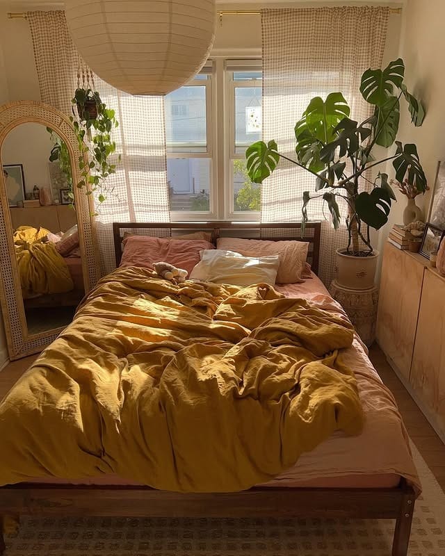 15. Mustard Yellow Bedroom Ideas with Plants and Warm Wood - bedroom ideas with plants