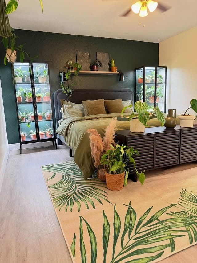 16. Dark Green Bedroom Ideas with Plants and Modern Black Accents - bedroom ideas with plants