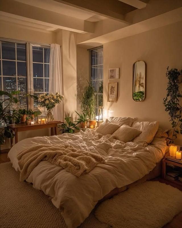 20. Warm Cream Bedroom Ideas with Plants and Soft Candlelight - bedroom ideas with plants