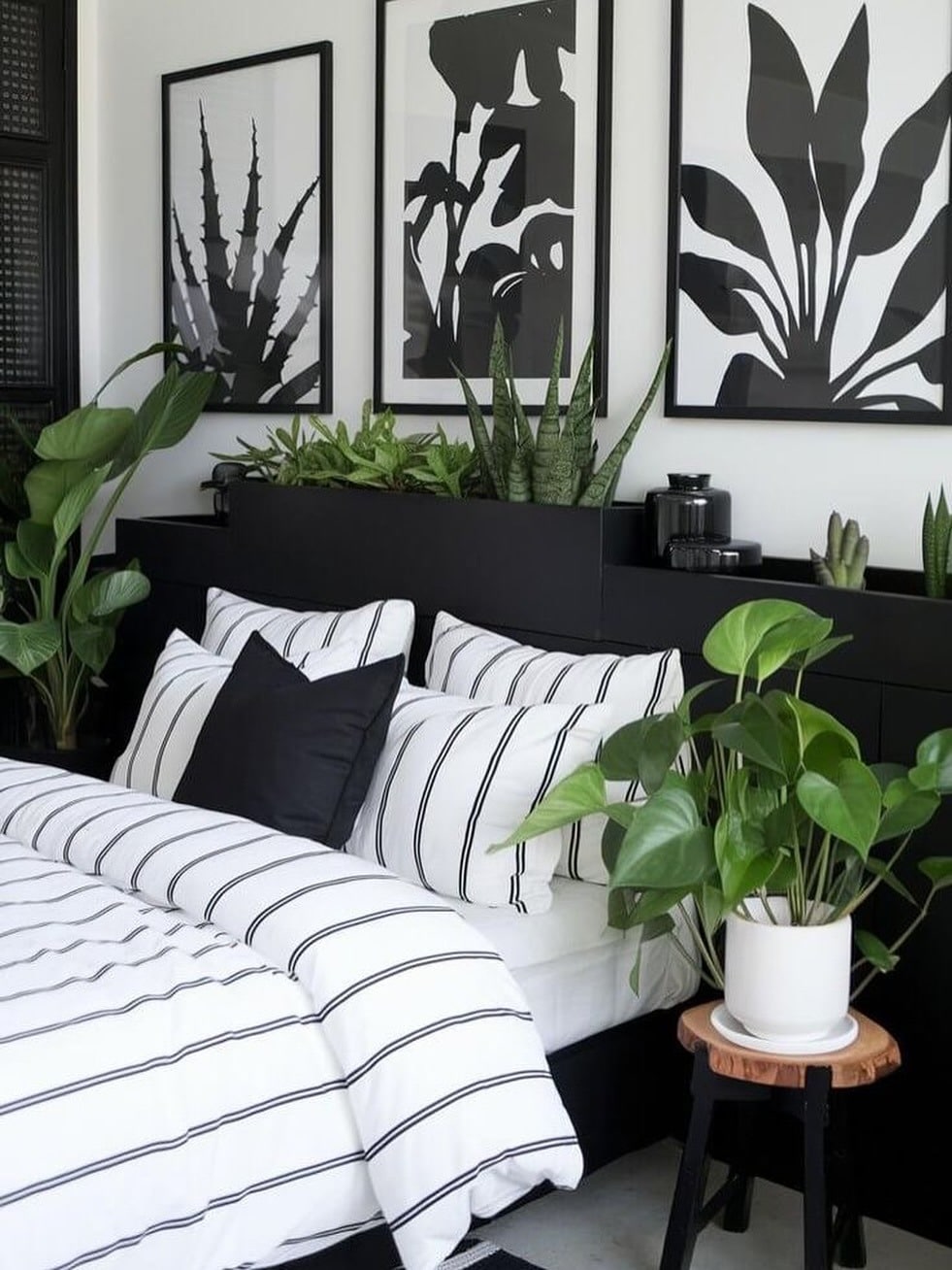 22. Black and White Bedroom Ideas with Plants and Modern Style - bedroom ideas with plants